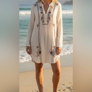 Johnny Was smocked front embroidered shirt / dress / swim cover